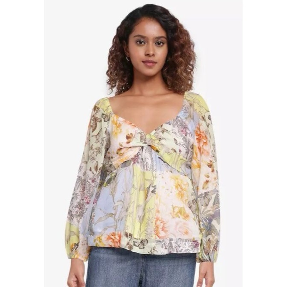Banana Republic Ramie Floral Bird Twist Front sheer A-line sweetheart neck top L - Picture 3 of 11